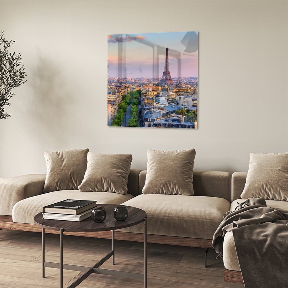 Glasbild mit dem Eiffelturm in Paris – Glasbild aus Sicherheitsglas, Größe 90x90_rond