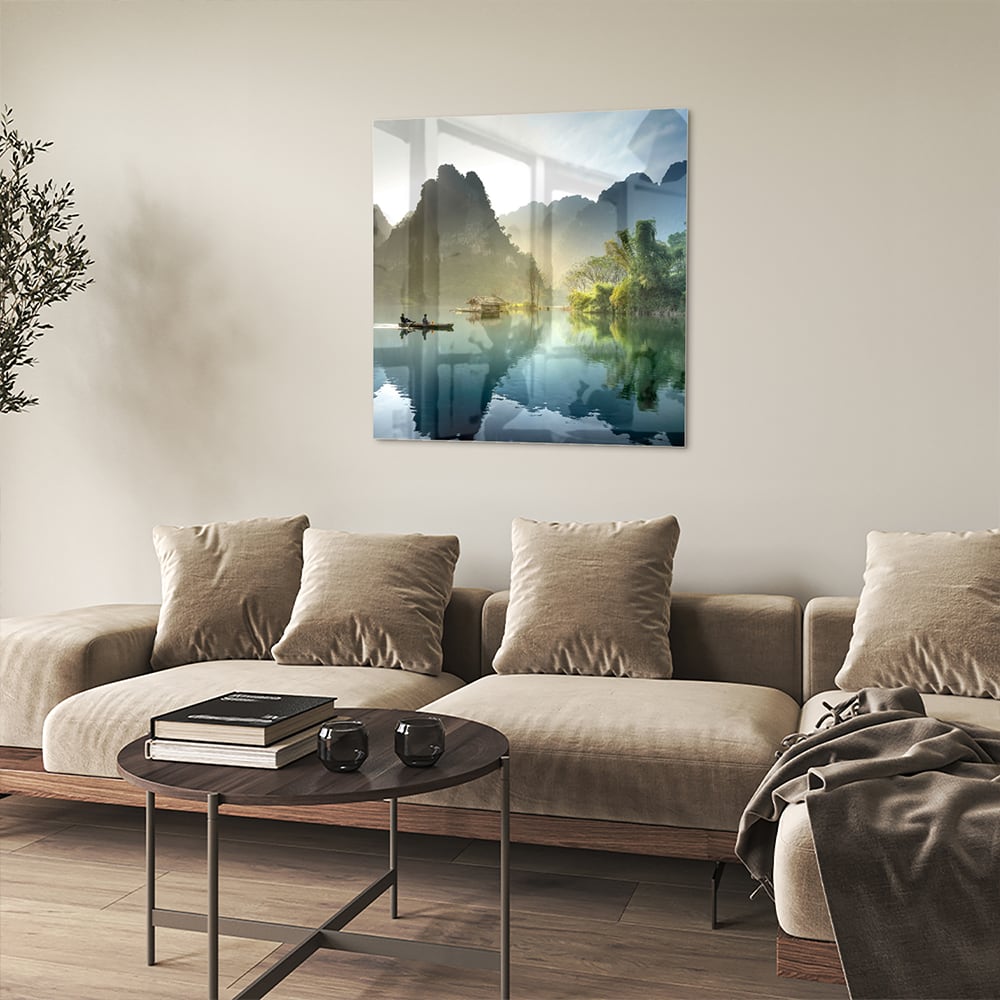 Rustikales Glasbild mit ruhigen Bergreflexionen – Glasbild aus Sicherheitsglas, Größe 90x90_rond