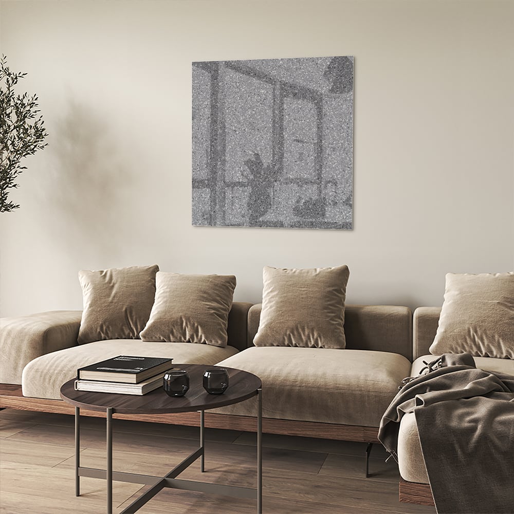 Glasbild mit abstrakten Grautönen – Glasbild aus Sicherheitsglas, Größe 90x90_rond