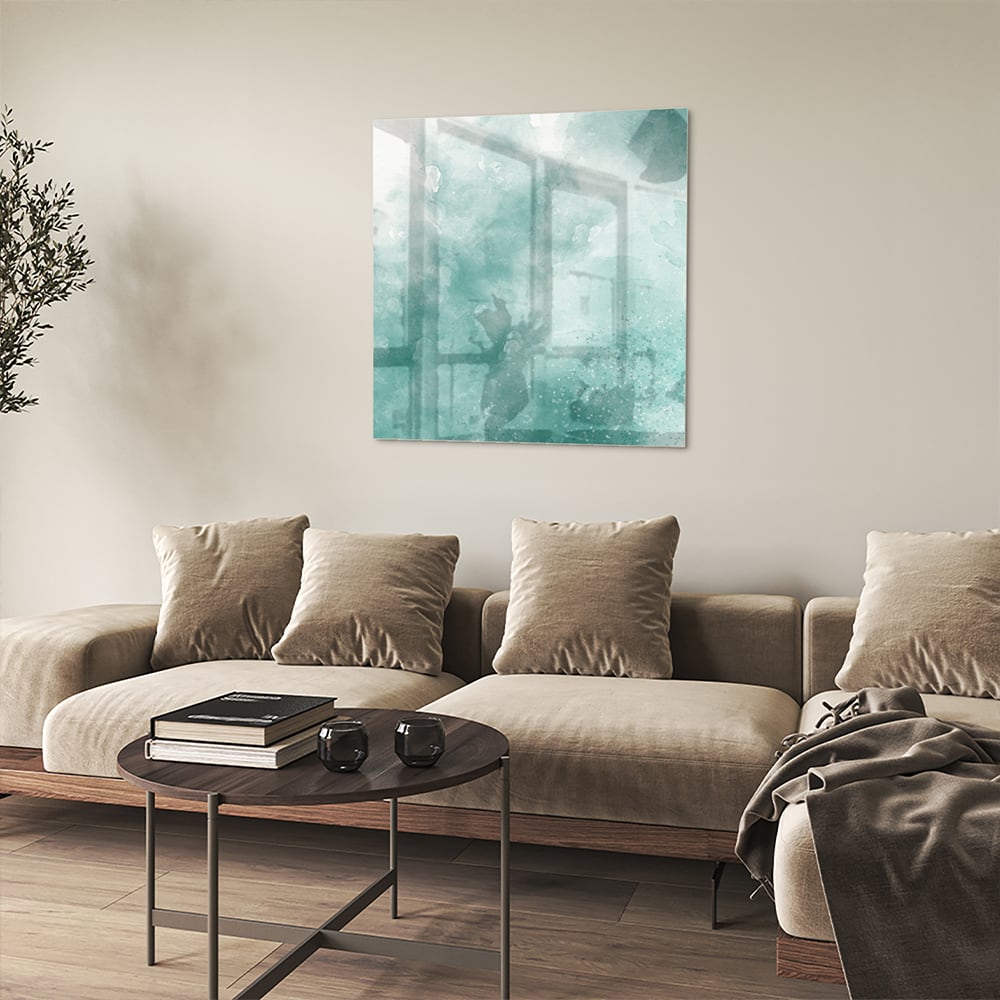 Abstraktes Glasbild in Aquablau – Glasbild aus Sicherheitsglas, Größe 90x90_rond