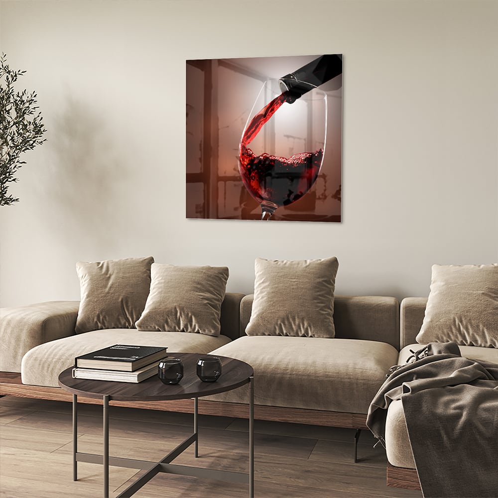 Glasbild mit Rotwein in einem stilvollen Raum – Glasbild aus Sicherheitsglas, Größe 90x90_rond