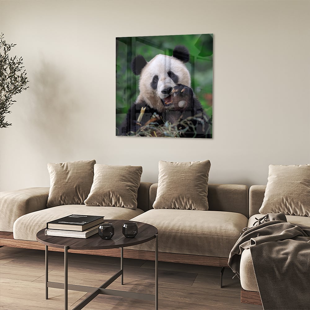 Glasbild mit einem niedlichen Panda in grüner Landschaft – Glasbild aus Sicherheitsglas, Größe 90x90_rond