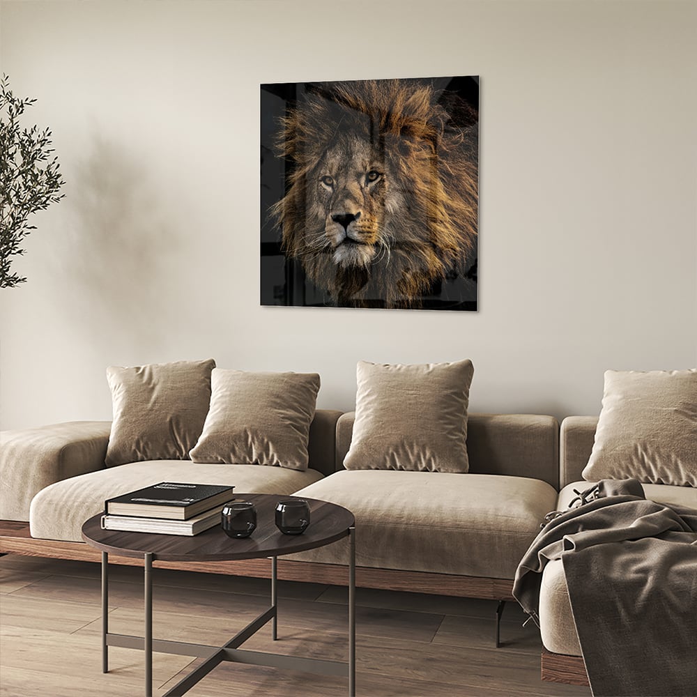 Glasbild mit majestätischem Löwen – Glasbild aus Sicherheitsglas, Größe 90x90_rond