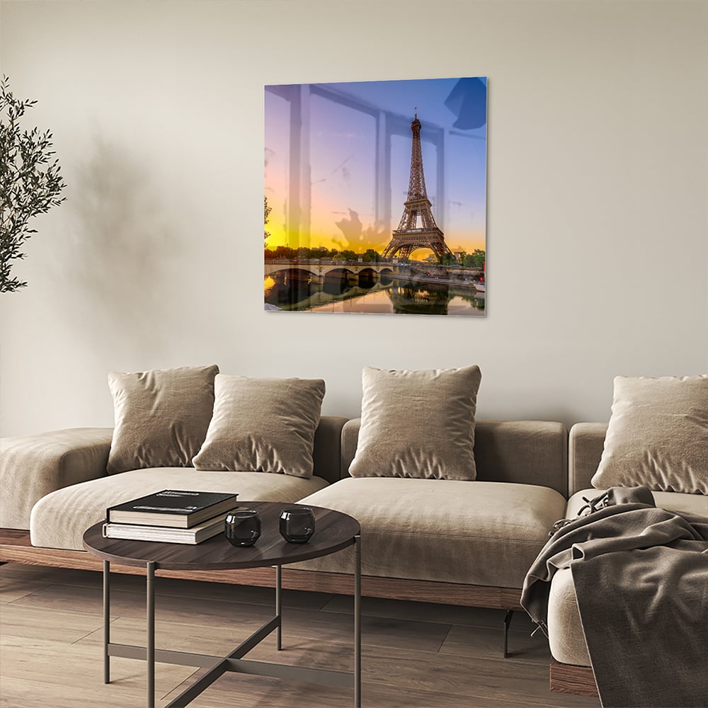 Glasbild mit dem Eiffelturm bei Sonnenuntergang – Glasbild aus Sicherheitsglas, Größe 90x90_rond