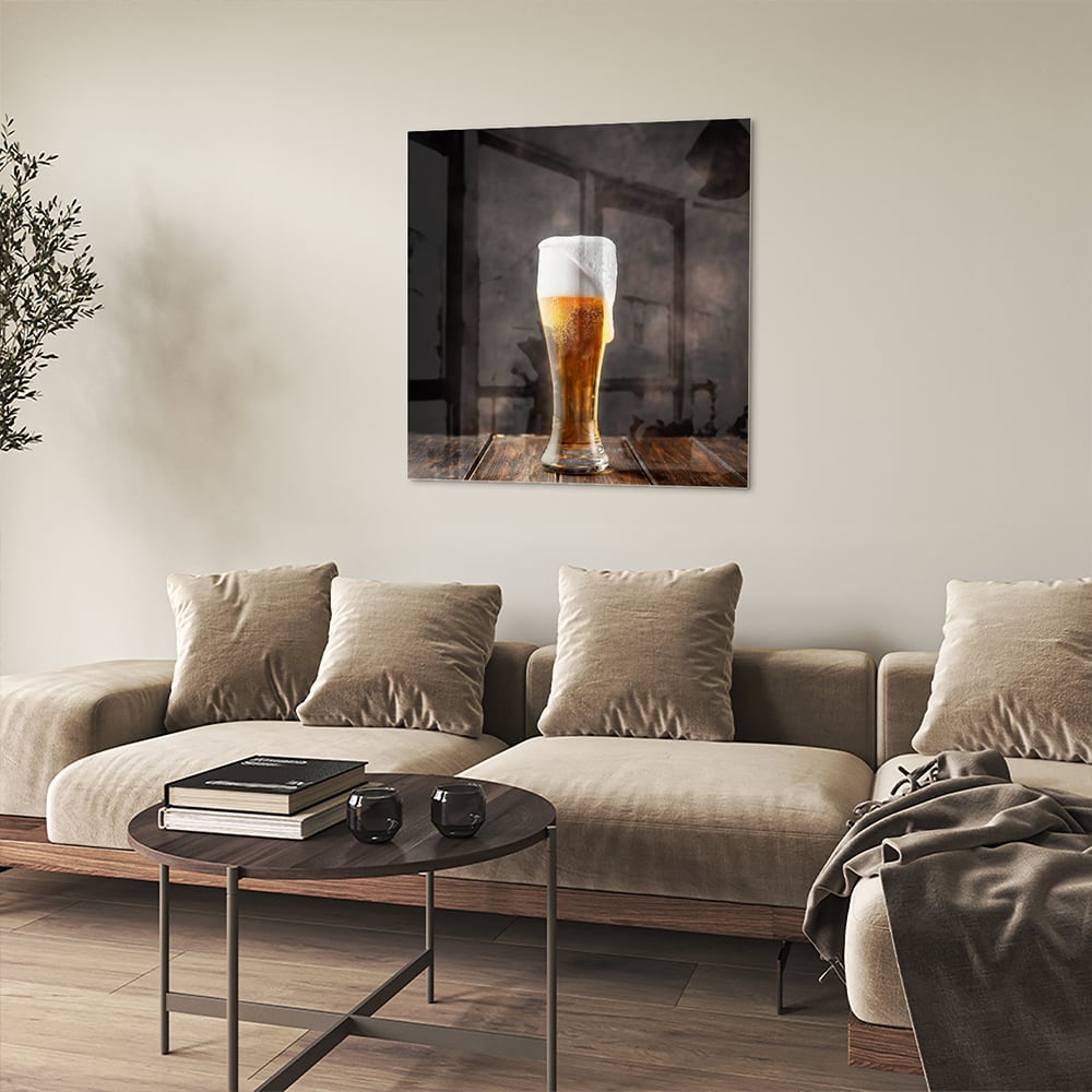 Stilvolles Glasbild mit einem Bier – Glasbild aus Sicherheitsglas, Größe 90x90_rond