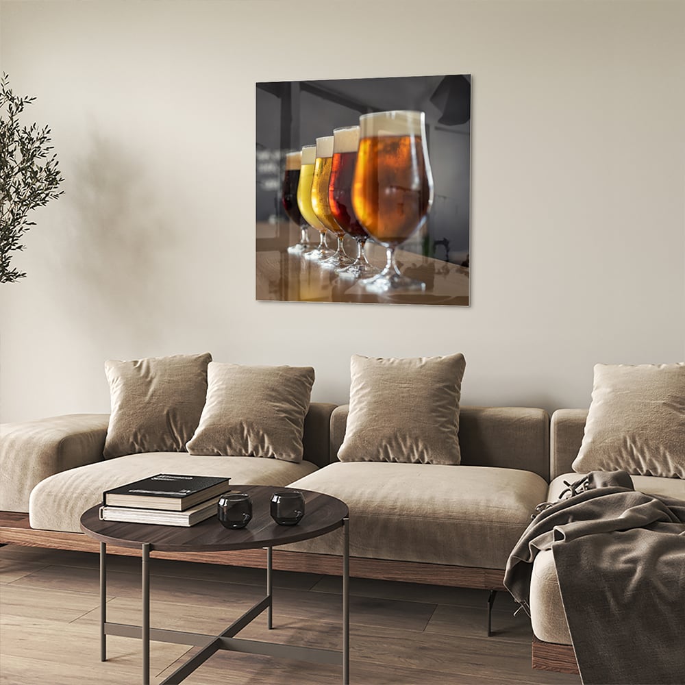 Glasbild mit verschiedenen Bieren – Glasbild aus Sicherheitsglas, Größe 90x90_rond