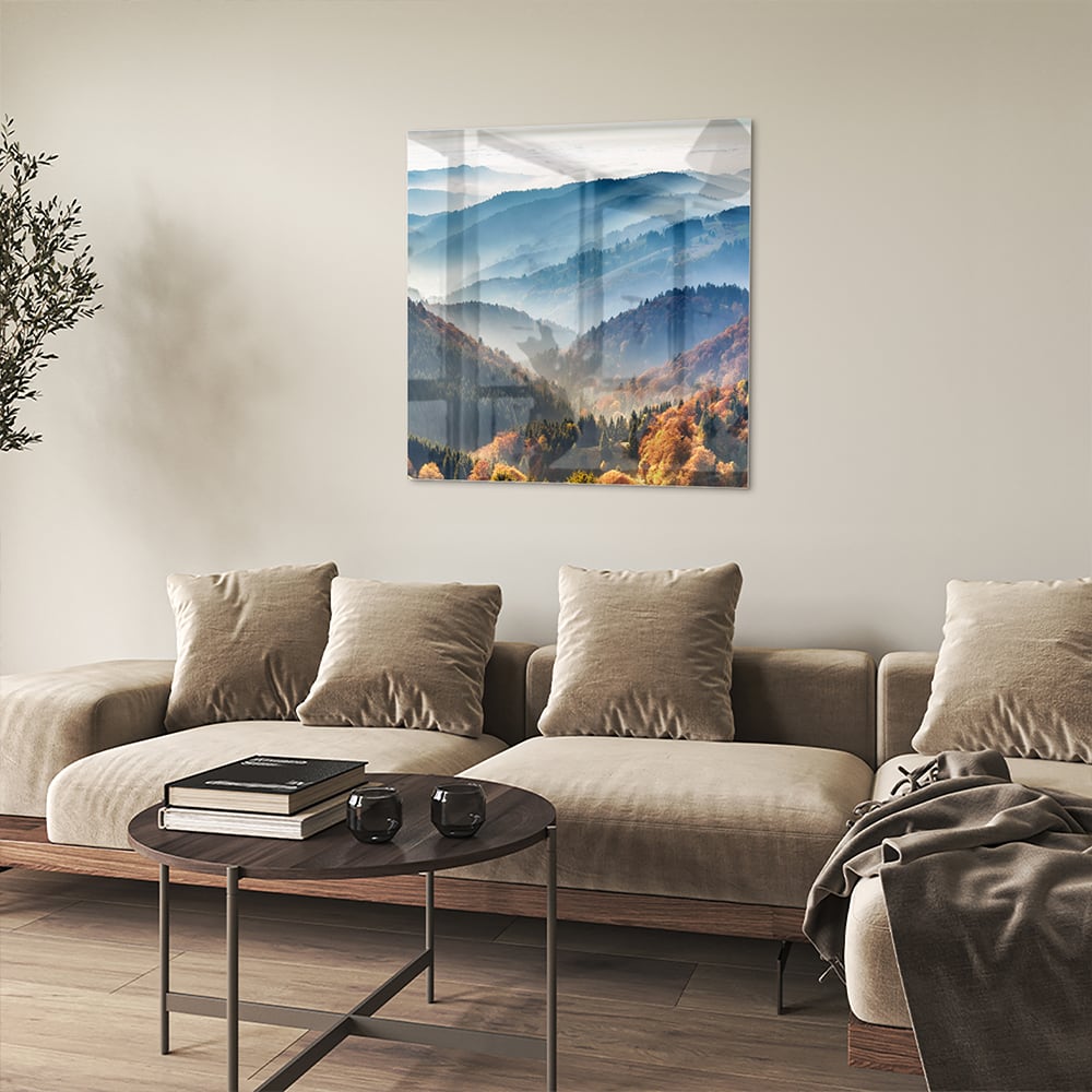 Atemberaubendes Glasbild mit Berglandschaft für Zuhause – Glasbild aus Sicherheitsglas, Größe 90x90_rond