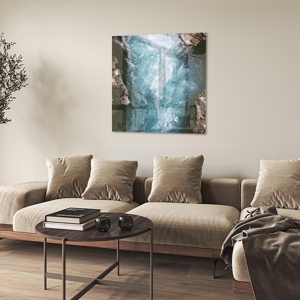 Glasbild mit klarem Bergwasser – Glasbild aus Sicherheitsglas, Größe 90x90_rond