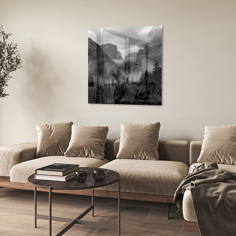 Schwarz-Weiß-Glasbild mit Berglandschaft – Glasbild aus Sicherheitsglas, Größe 90x90_rond