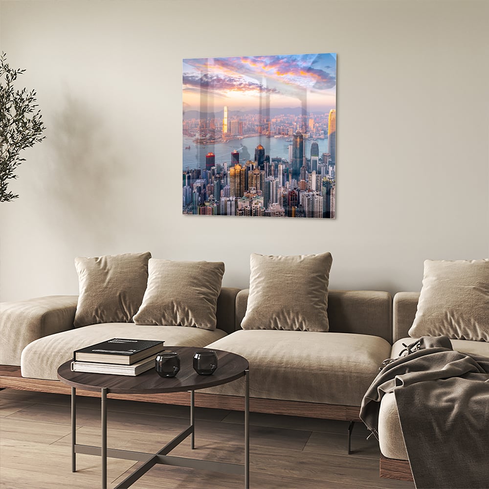 Glasbild mit Stadtansicht bei Sonnenuntergang – Glasbild aus Sicherheitsglas, Größe 90x90_rond