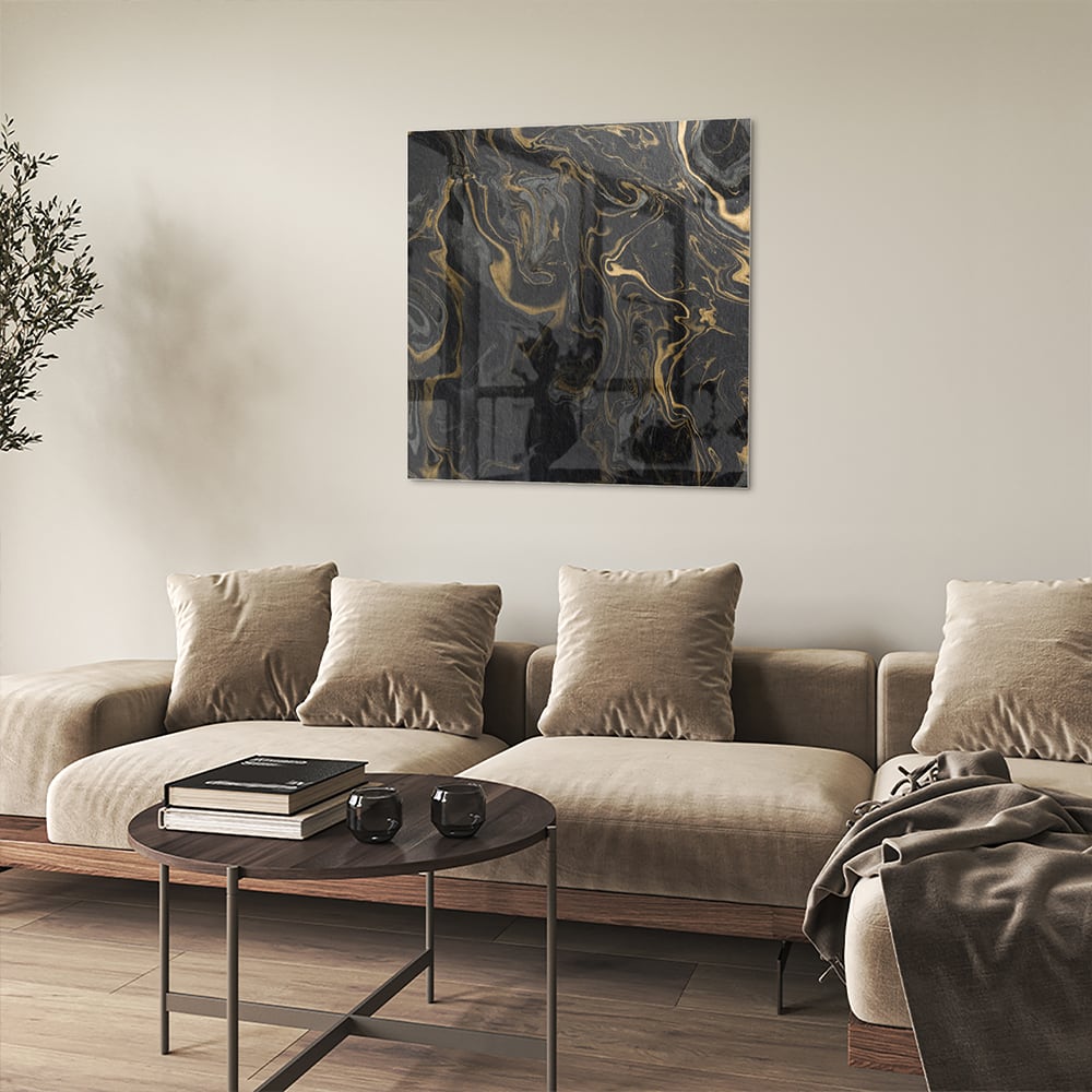 Elegantes schwarz-goldenes Glasbild für Ihr Wohnzimmer – Glasbild aus Sicherheitsglas, Größe 90x90_rond