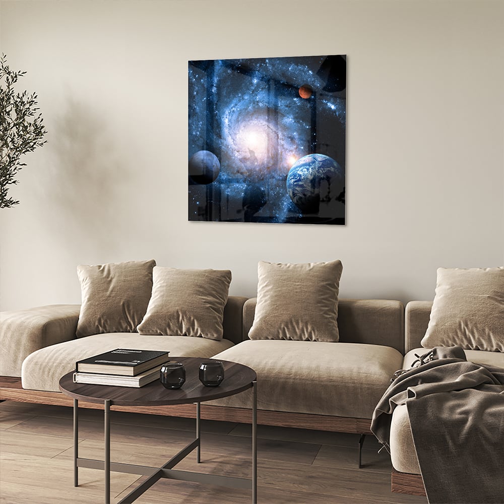 Glasbild mit Weltall und Planeten – Glasbild aus Sicherheitsglas, Größe 90x90_rond