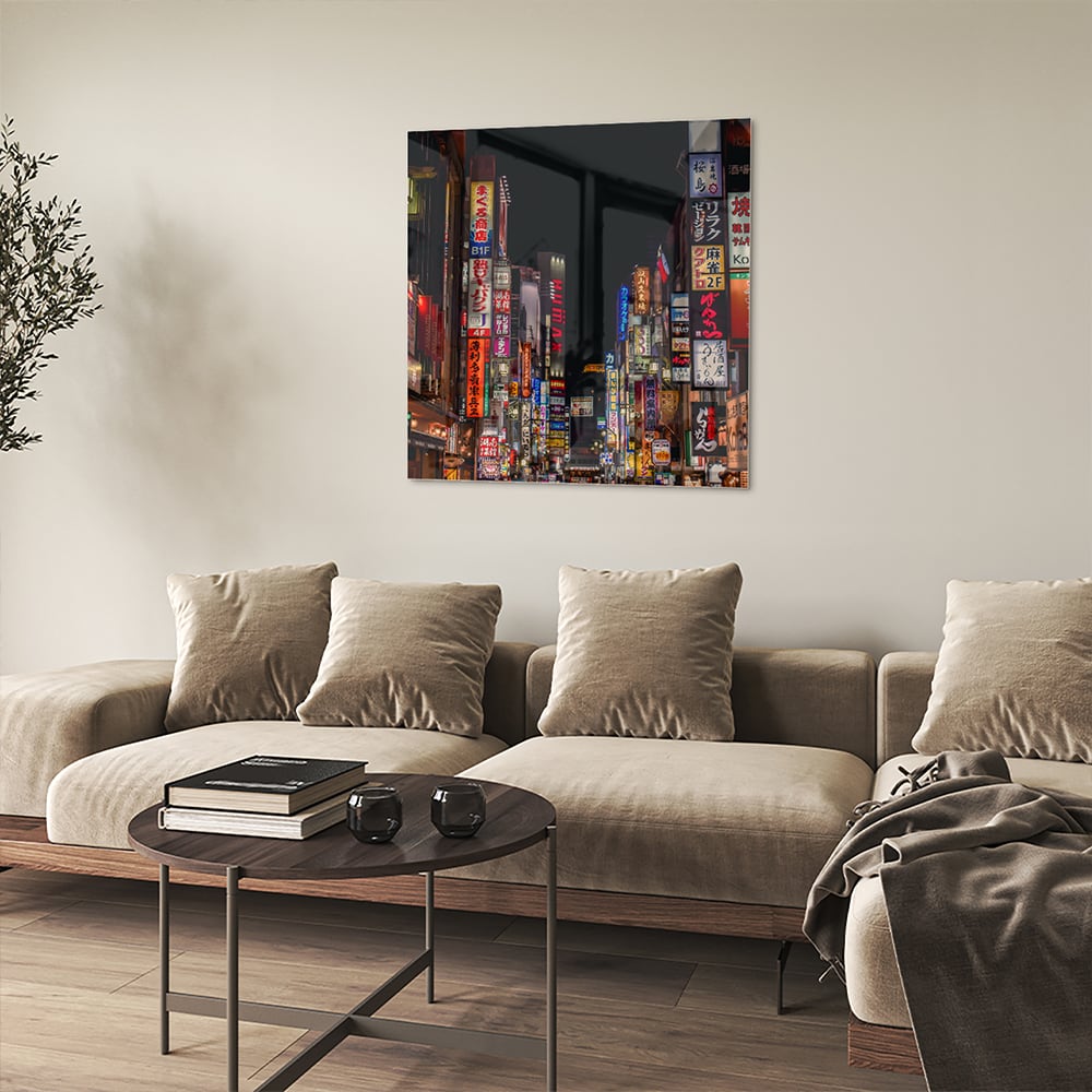 Glasbild mit urbaner Szenerie und bezaubernden Neonlichtern – Glasbild aus Sicherheitsglas, Größe 90x90_rond