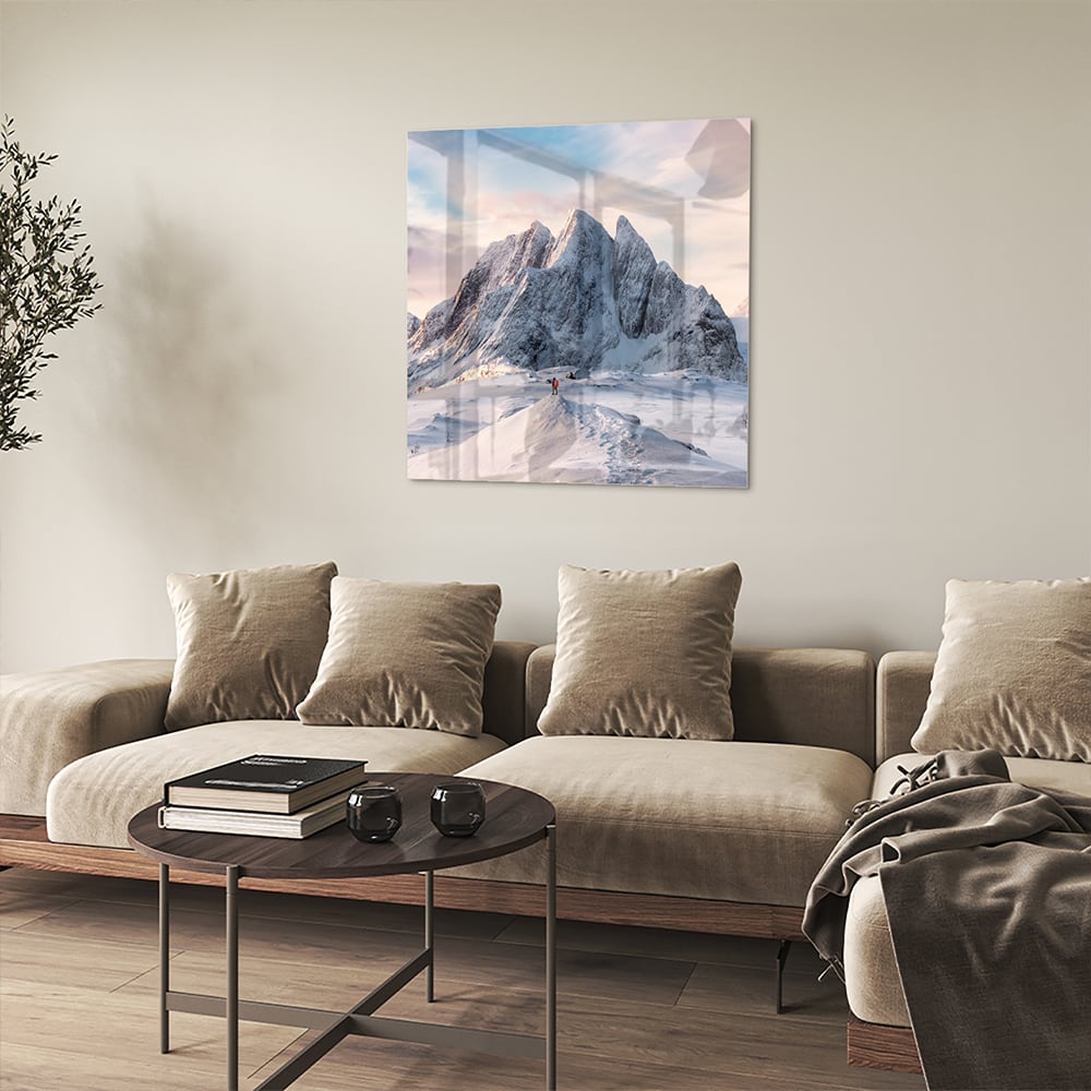 Atemberaubendes Glasbild mit verschneiten Bergen – Glasbild aus Sicherheitsglas, Größe 90x90_rond