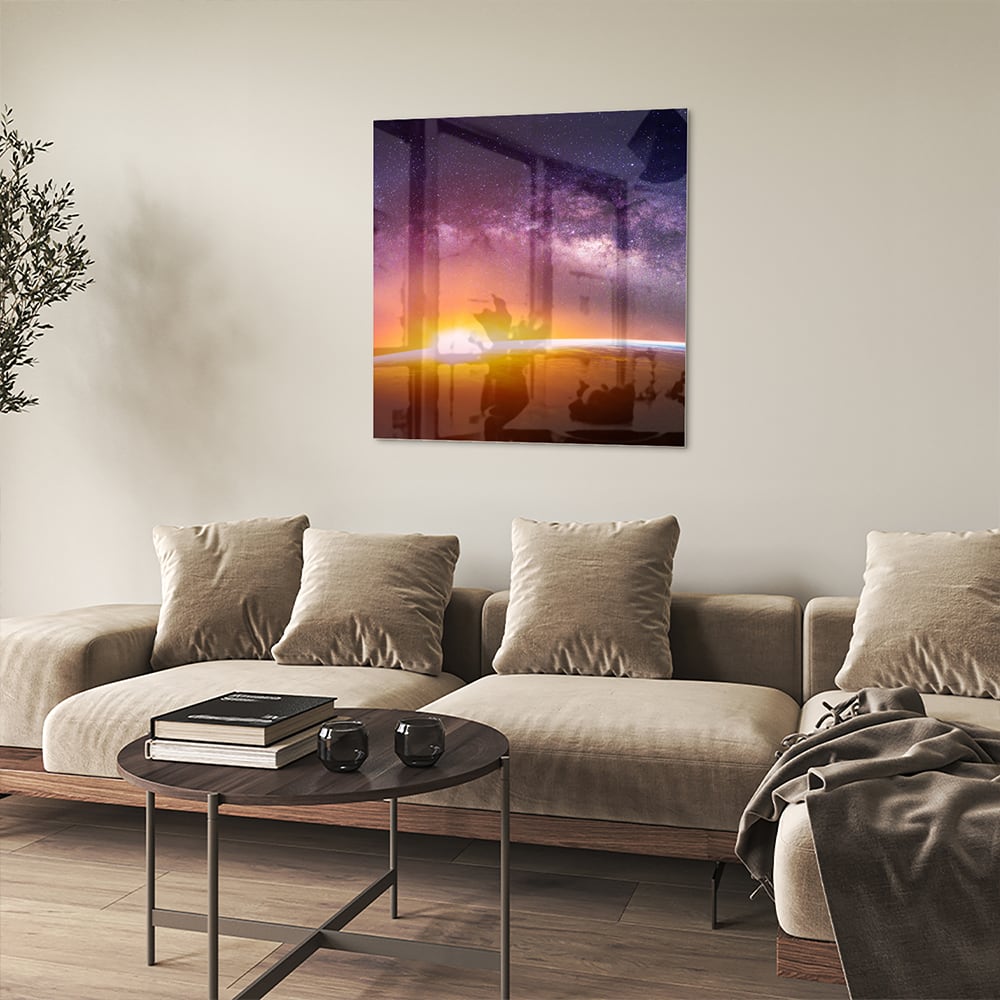 Glasbild mit einem Sternenhimmel bei Sonnenuntergang – Glasbild aus Sicherheitsglas, Größe 90x90_rond