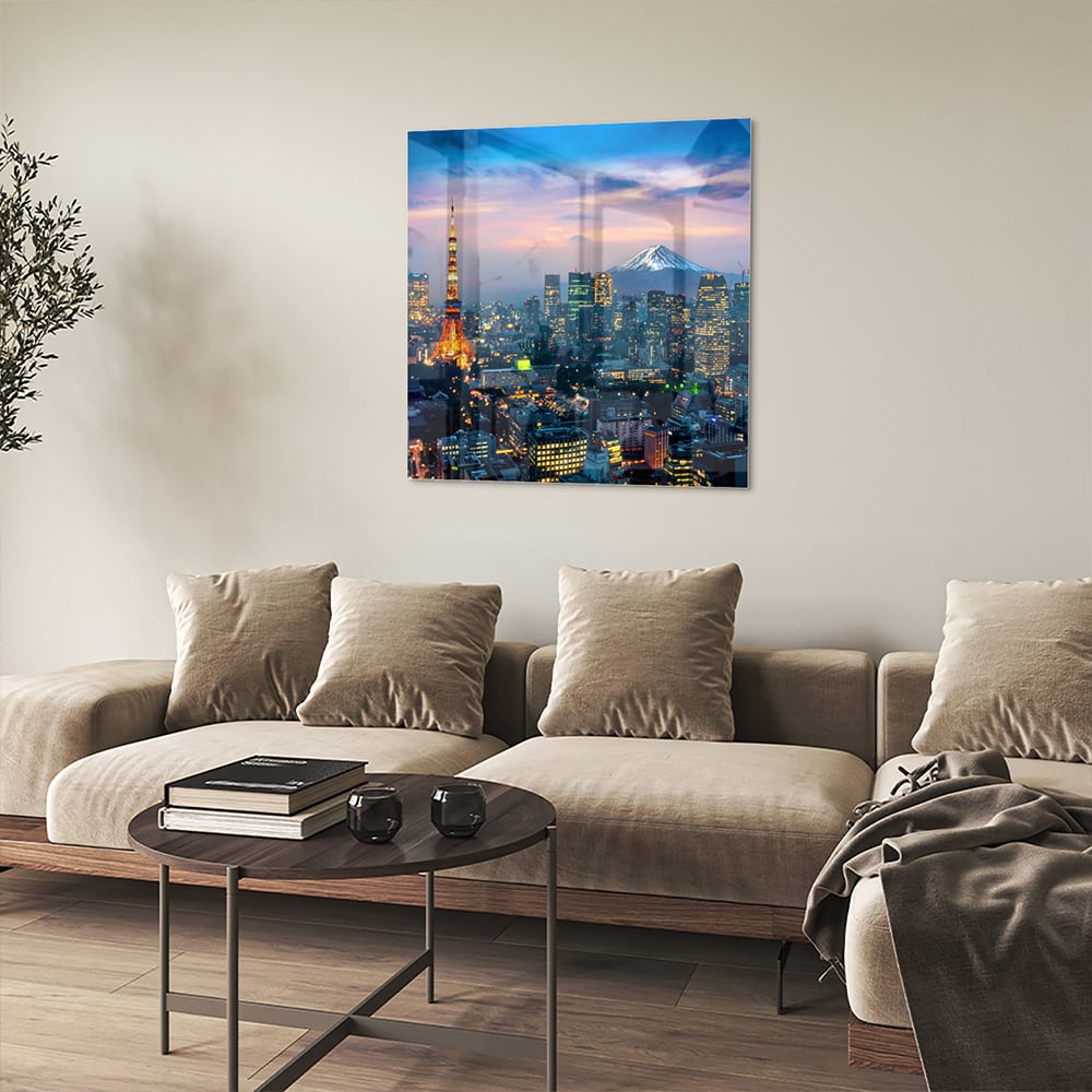 Glasbild mit Stadtpanorama, Fuji und Tokyo Tower – Glasbild aus Sicherheitsglas, Größe 90x90_rond