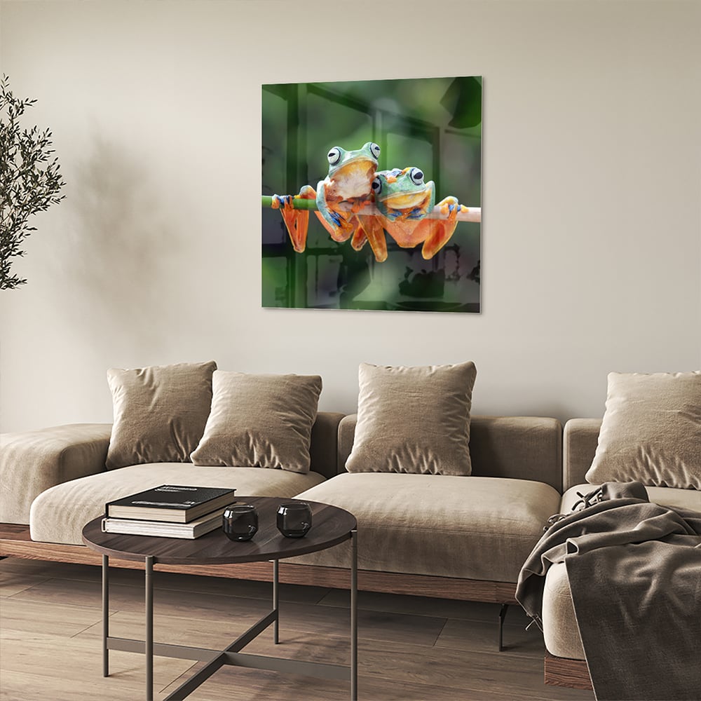 Fröhliches Glasbild mit Frosch auf einem Ast – Glasbild aus Sicherheitsglas, Größe 90x90_rond