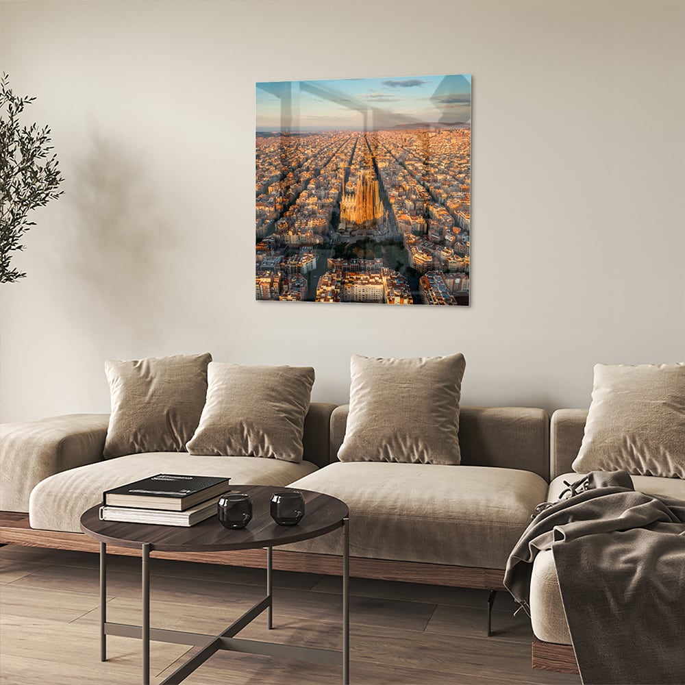 Glasbild mit atemberaubendem Stadtblick bei Sonnenuntergang – Glasbild aus Sicherheitsglas, Größe 90x90_rond