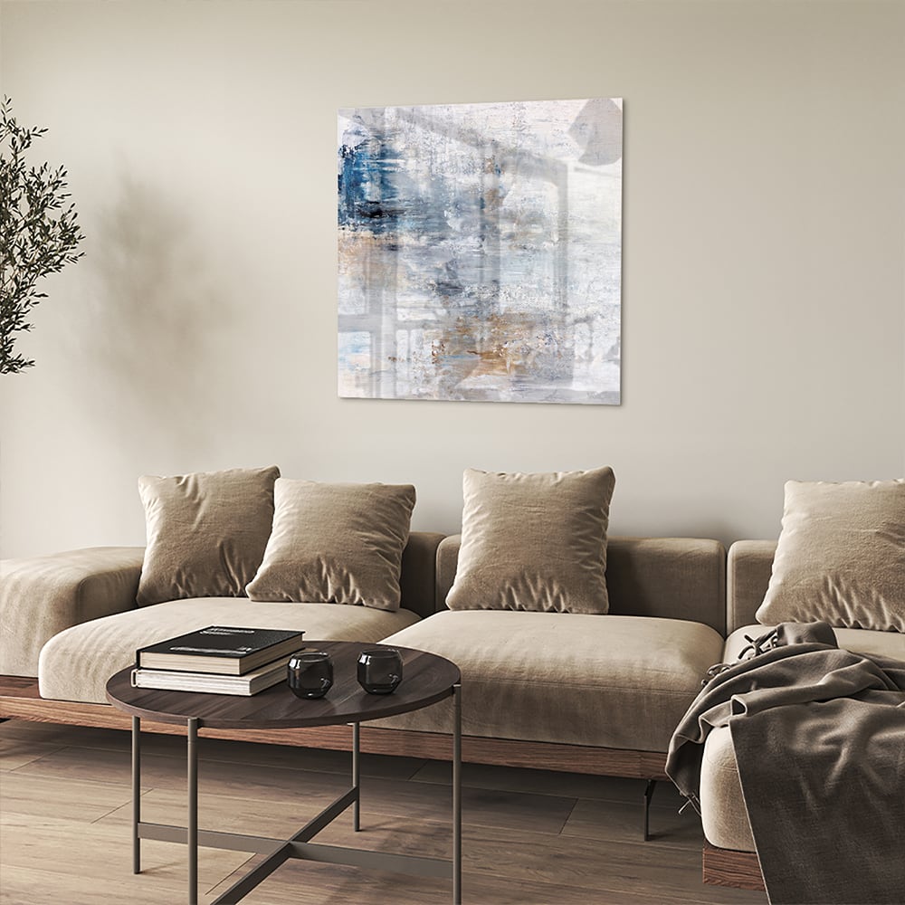 Abstraktes Glasbild mit blauen und neutralen Farbtönen – Glasbild aus Sicherheitsglas, Größe 90x90_rond