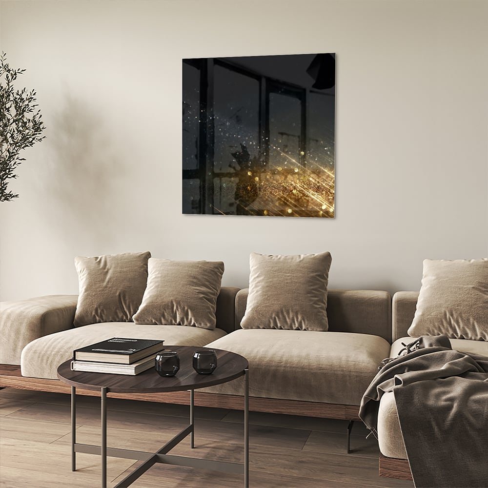 Schwarzes Glasbild mit Sternen und Lichtreflexionen – Glasbild aus Sicherheitsglas, Größe 90x90_rond