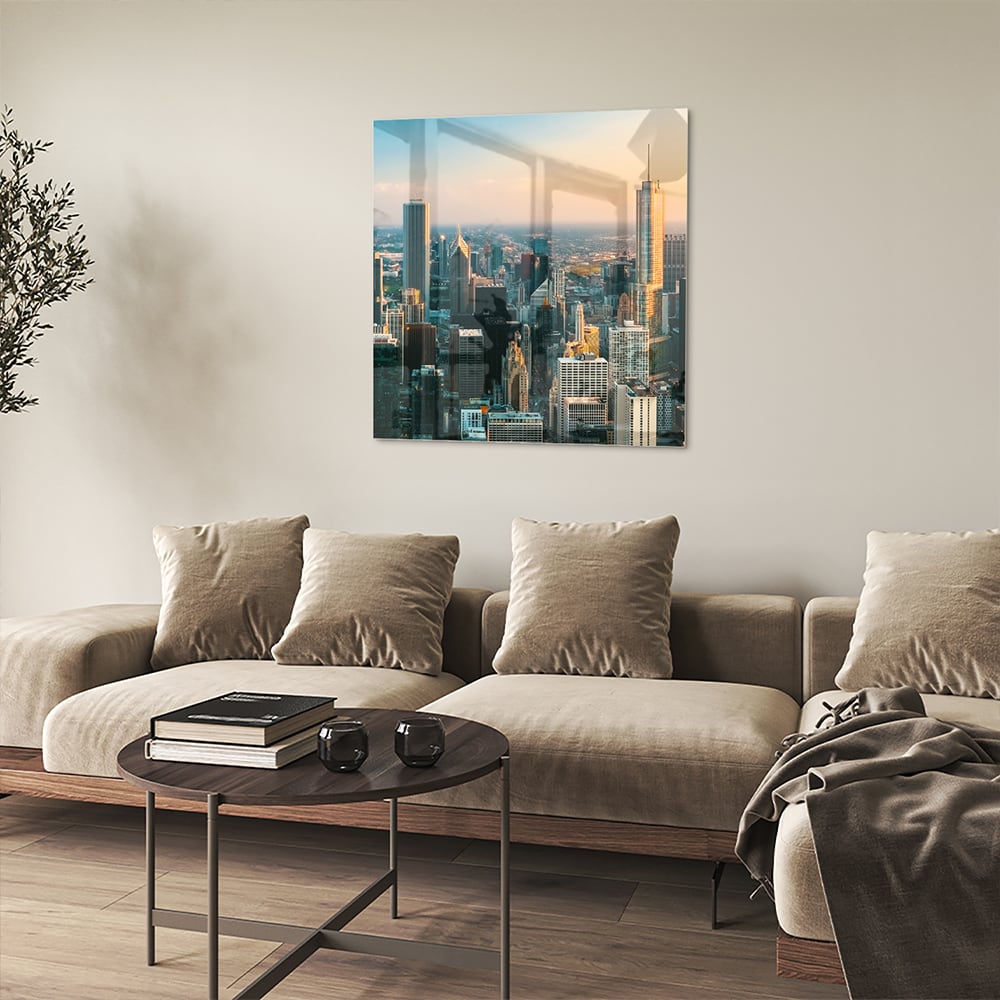 Stadtblick – Glasbild für moderne Innenräume – Glasbild aus Sicherheitsglas, Größe 90x90_rond