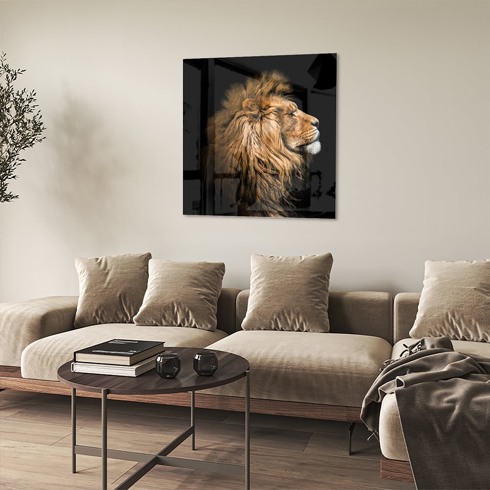 Glasbild mit majestätischem Löwen – Glasbild aus Sicherheitsglas, Größe 90x90_rond