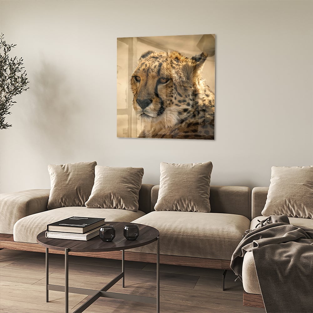 Elegantes Glasbild mit einem Leoparden – Glasbild aus Sicherheitsglas, Größe 90x90_rond