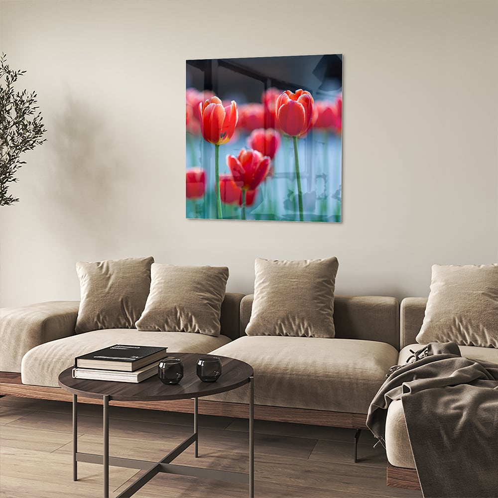 Glasbild – Lebendige rote Tulpen – Glasbild aus Sicherheitsglas, Größe 90x90_rond