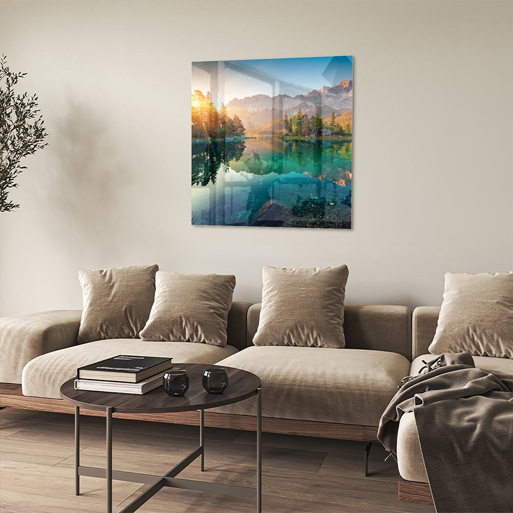 Wunderschönes Glasbild mit Berglandschaft und See – Glasbild aus Sicherheitsglas, Größe 90x90_rond