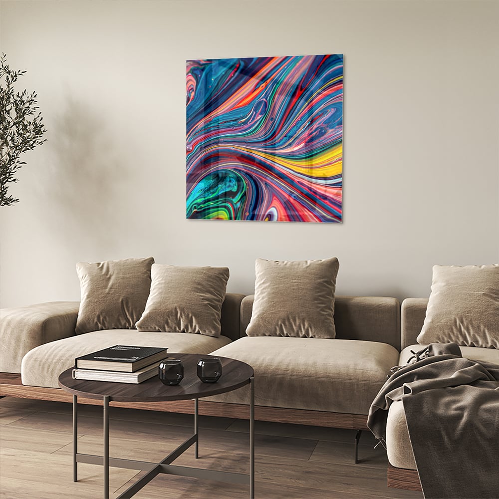 Farbenfrohes abstraktes Glasbild für ein modernes Interieur – Glasbild aus Sicherheitsglas, Größe 90x90_rond