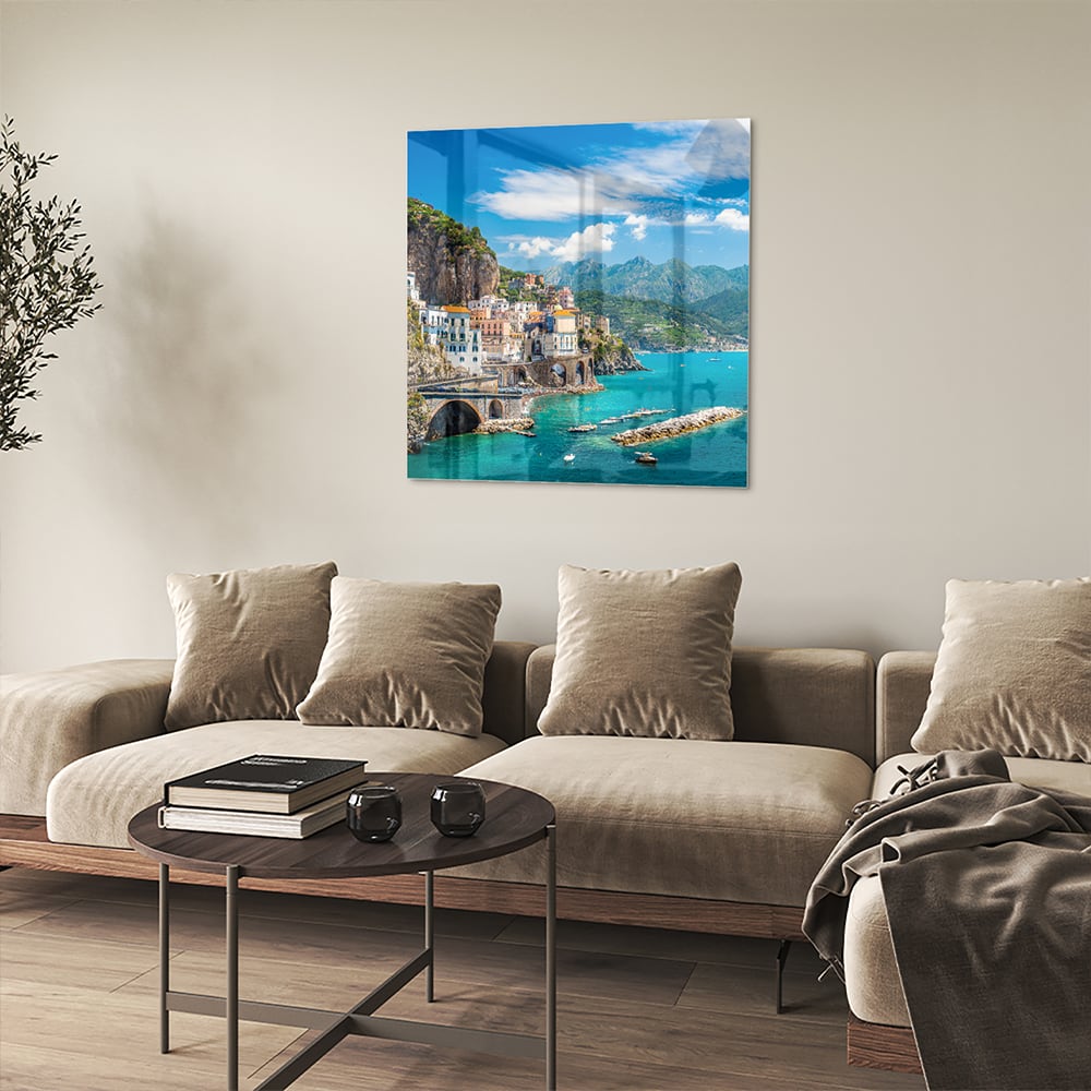 Glasbild mit blauem See und Bergen – Glasbild aus Sicherheitsglas, Größe 90x90_rond