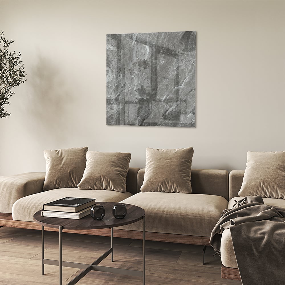 Stilvolles Glasbild mit grauer Marmorstruktur – Glasbild aus Sicherheitsglas, Größe 90x90_rond