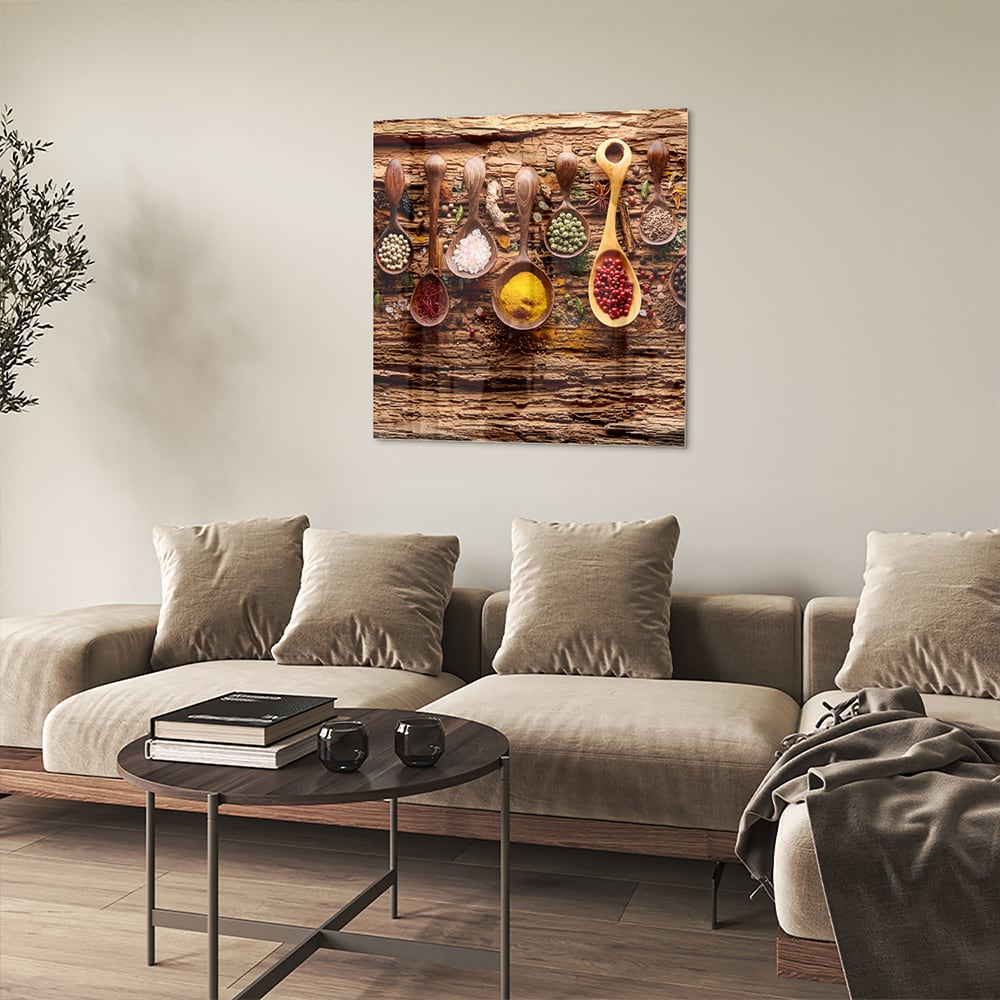 Buntes Glasbild mit Gewürzen und Löffelmotiven – Glasbild aus Sicherheitsglas, Größe 90x90_rond