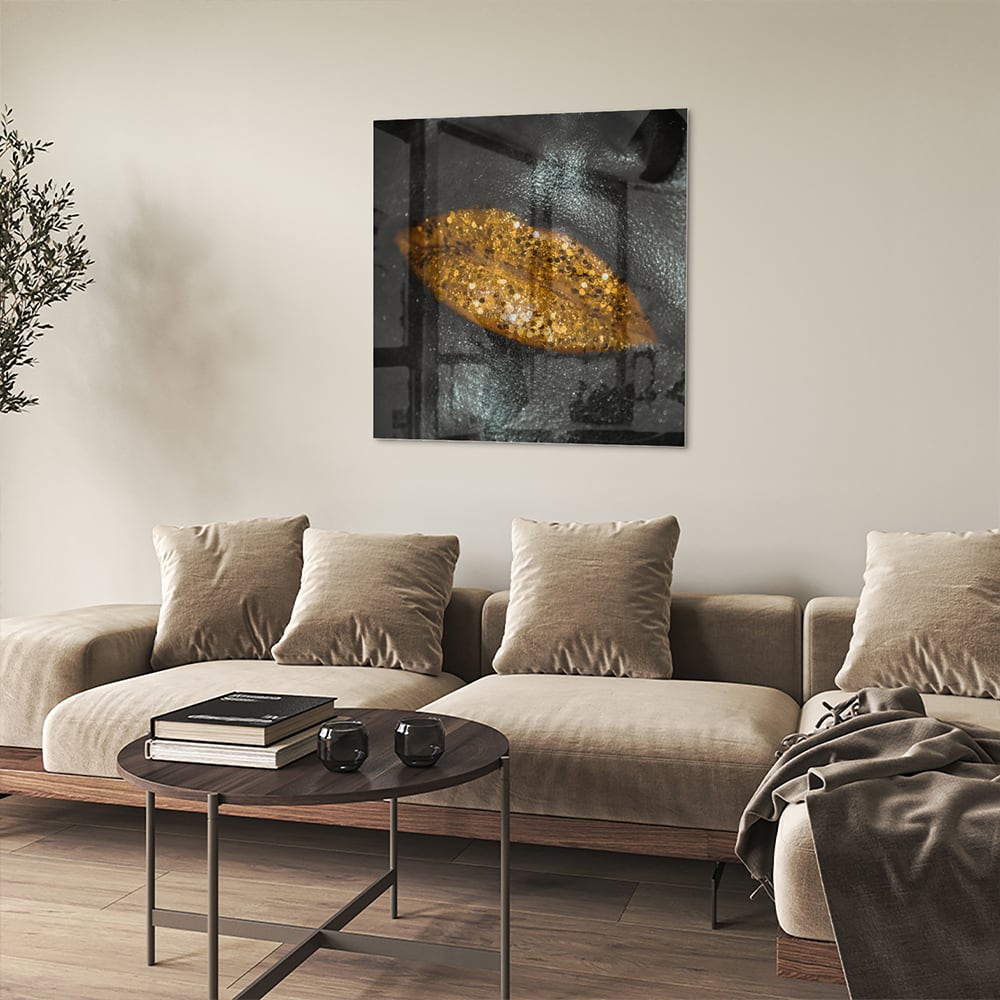 Glasbild mit goldenem Blatt für Ihr Interieur – Glasbild aus Sicherheitsglas, Größe 90x90_rond