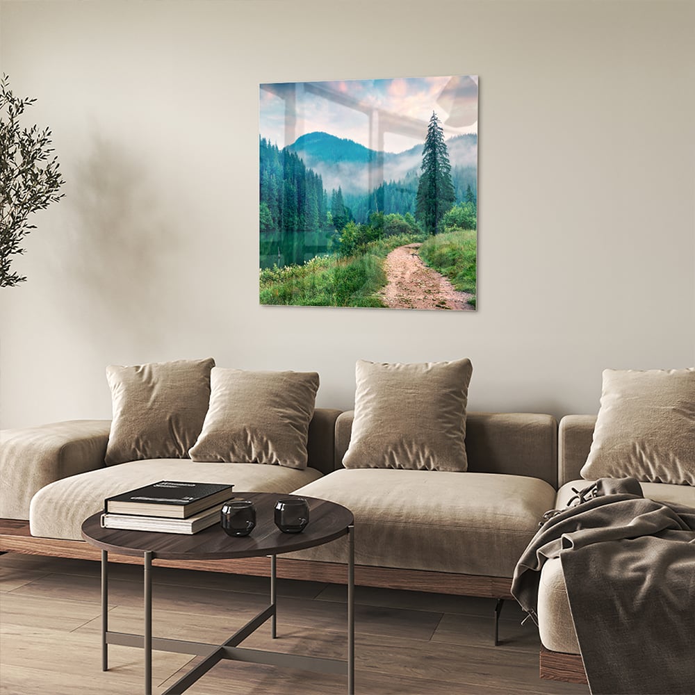 Stimmungsvolles Glasbild mit einer Berglandschaft – Glasbild aus Sicherheitsglas, Größe 90x90_rond
