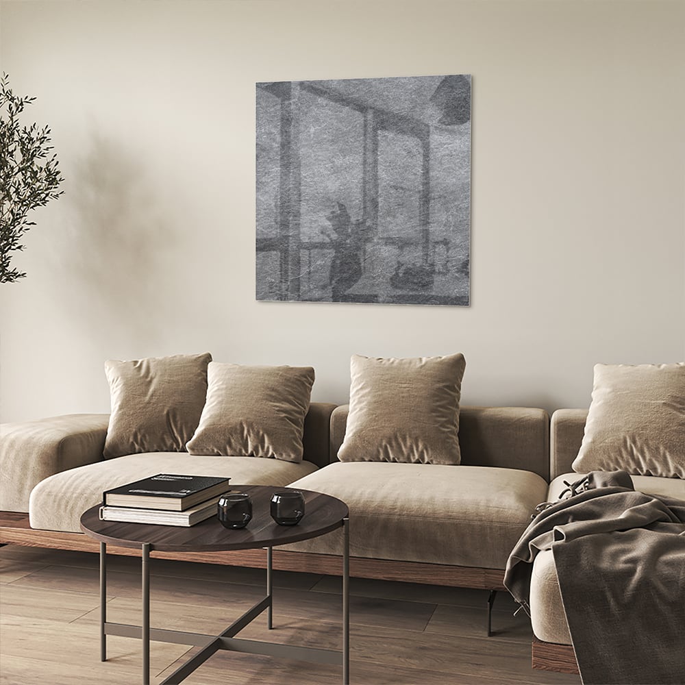 Modernes Glasbild in Grautönen für Ihr Interieur – Glasbild aus Sicherheitsglas, Größe 90x90_rond