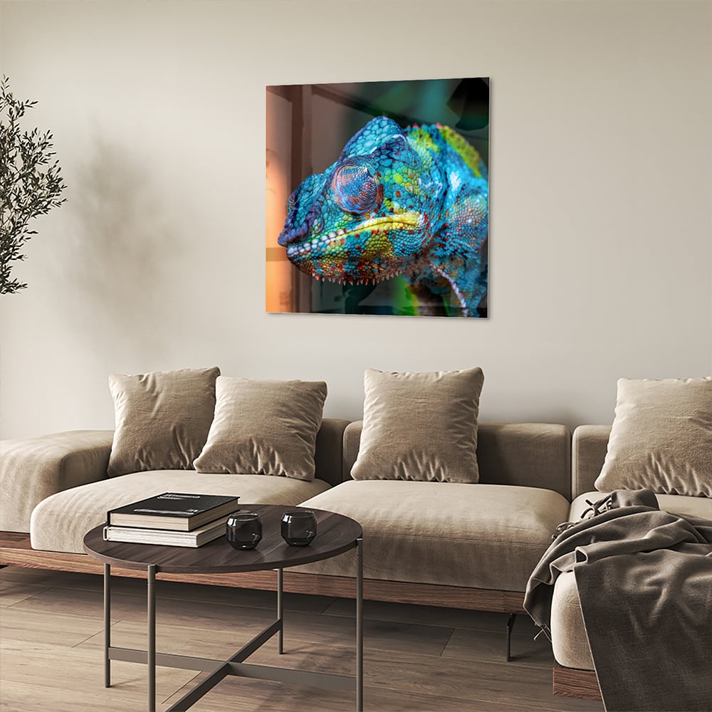 Farbenfrohes Chamäleon-Glasbild für Ihr Interieur – Glasbild aus Sicherheitsglas, Größe 90x90_rond