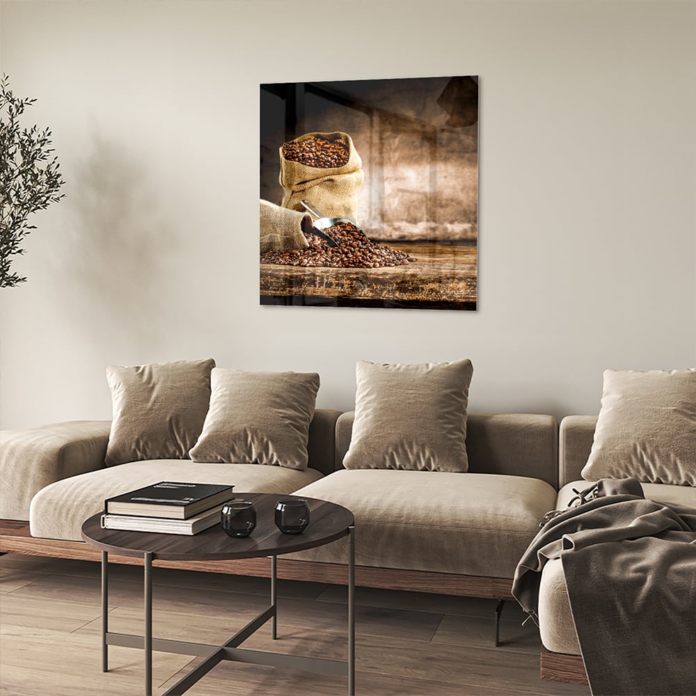 Glasbild mit Kaffee und Natur – Glasbild aus Sicherheitsglas, Größe 90x90_rond