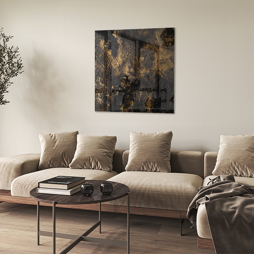 Modernes Glasbild mit goldenen Akzenten – Glasbild aus Sicherheitsglas, Größe 90x90_rond