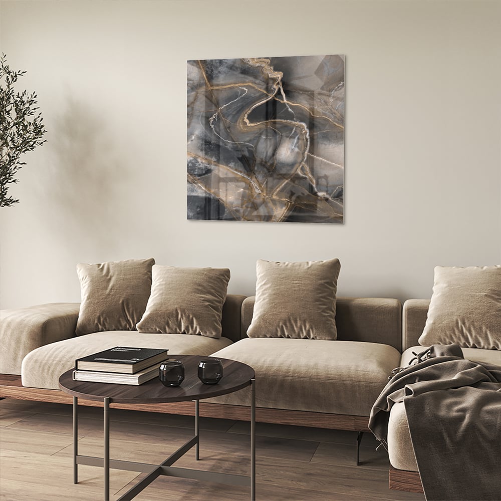 Modernes Glasbild mit abstrakten Linien in Schwarz und Gold – Glasbild aus Sicherheitsglas, Größe 90x90_rond