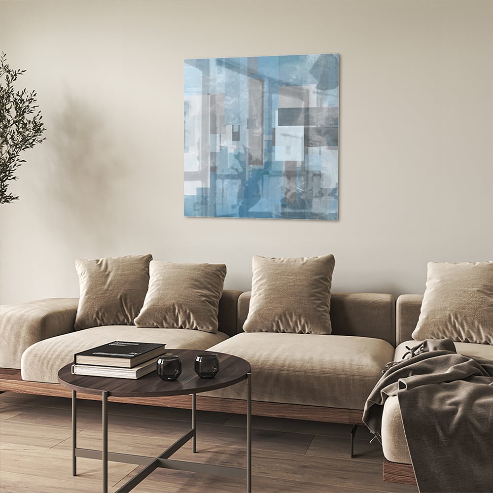 Abstraktes Glasbild in Blau und Grau – Glasbild aus Sicherheitsglas, Größe 90x90_rond