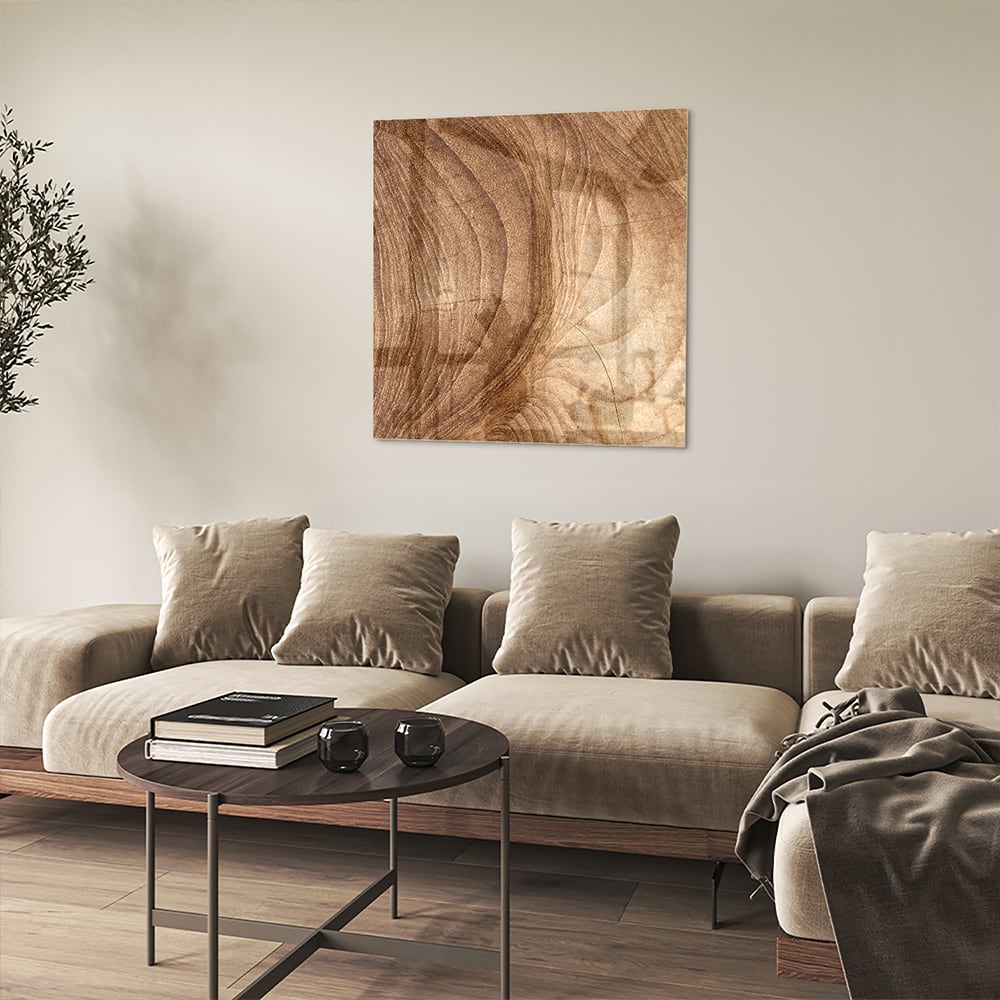 Glasbild in warmen Holztönen – Glasbild aus Sicherheitsglas, Größe 90x90_rond