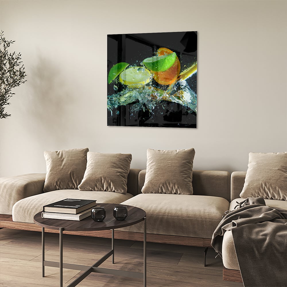 Glasbild mit farbenfrohen Zitrusfrüchten – Glasbild aus Sicherheitsglas, Größe 90x90_rond