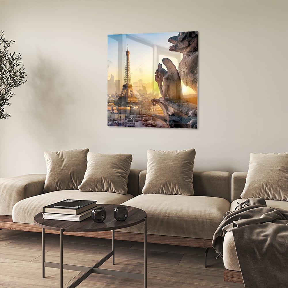 Glasbild mit dem Eiffelturm bei Sonnenuntergang – Glasbild aus Sicherheitsglas, Größe 90x90_rond