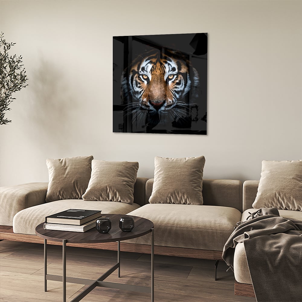 Beeindruckendes Glasbild mit einem Tigergesicht – Glasbild aus Sicherheitsglas, Größe 90x90_rond
