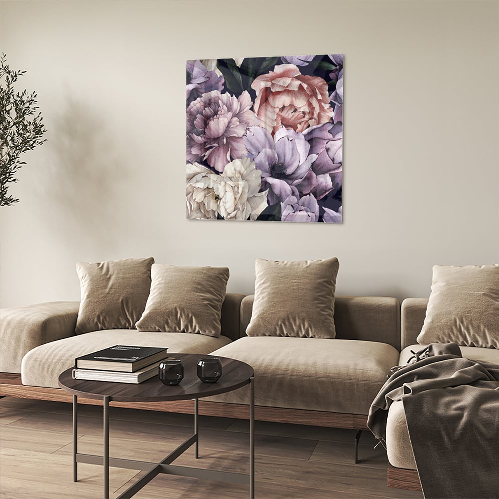 Glasbild mit wunderschönen violetten Blumen – Glasbild aus Sicherheitsglas, Größe 90x90_rond