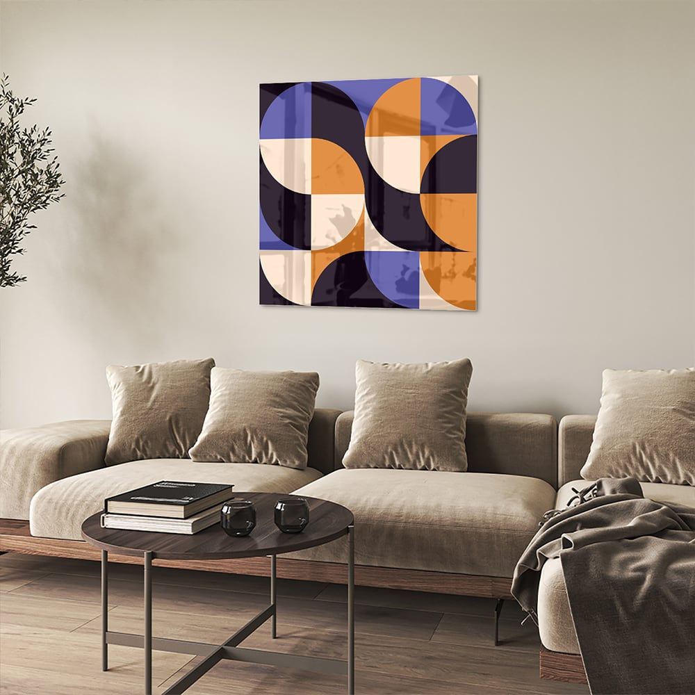 Abstraktes Glasbild in blauen und Orangetönen – Glasbild aus Sicherheitsglas, Größe 90x90_rond