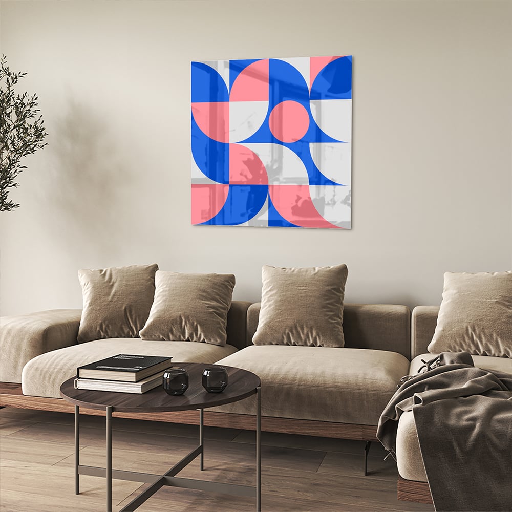 Abstraktes Glasbild mit blauen und rosa Farbtönen – Glasbild aus Sicherheitsglas, Größe 90x90_rond