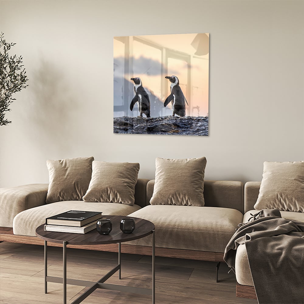 Glasbild mit Pinguinen bei Sonnenuntergang – Glasbild aus Sicherheitsglas, Größe 90x90_rond