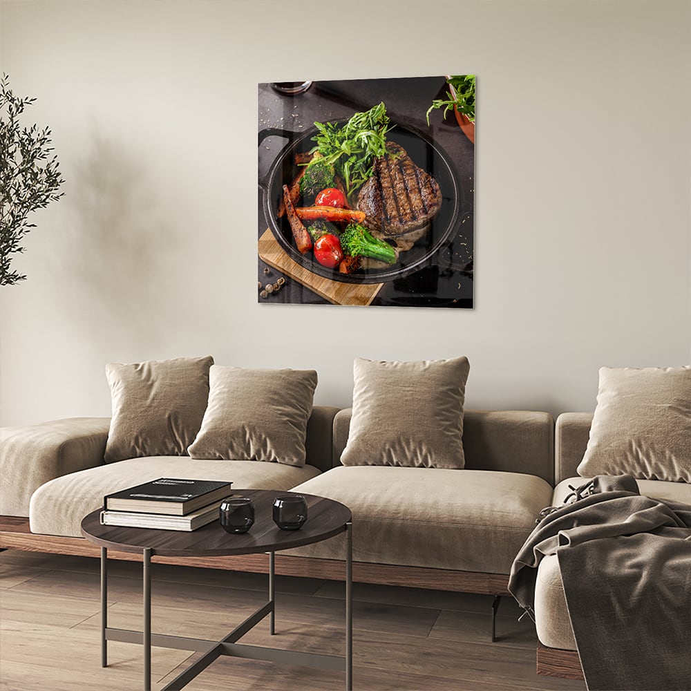 Glasbild mit köstlichen gegrillten Speisen – Glasbild aus Sicherheitsglas, Größe 90x90_rond